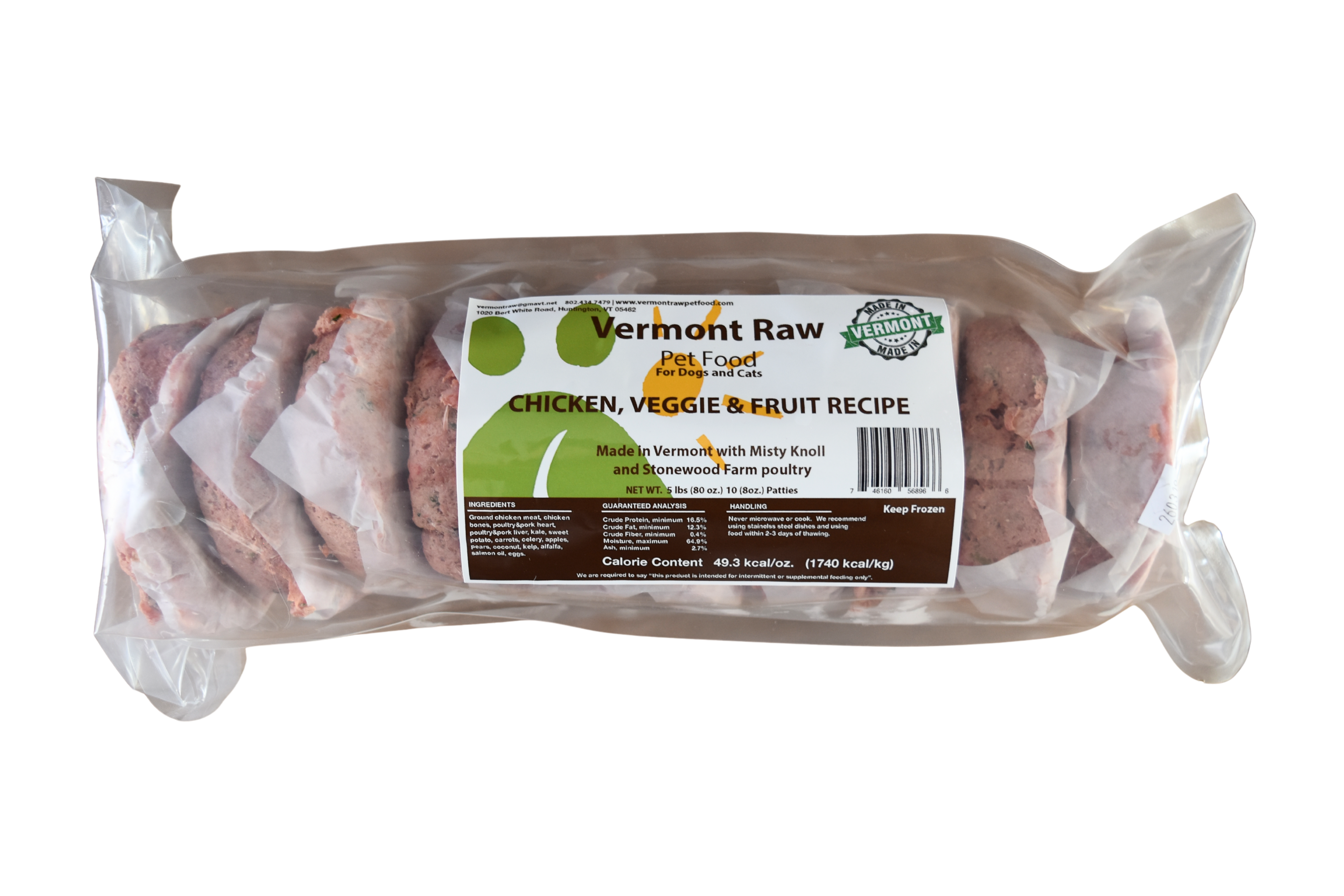 5lb bag of frozen raw chicken, vegetable, and fruit patties for dogs and cats - Vermont Raw Pet Food