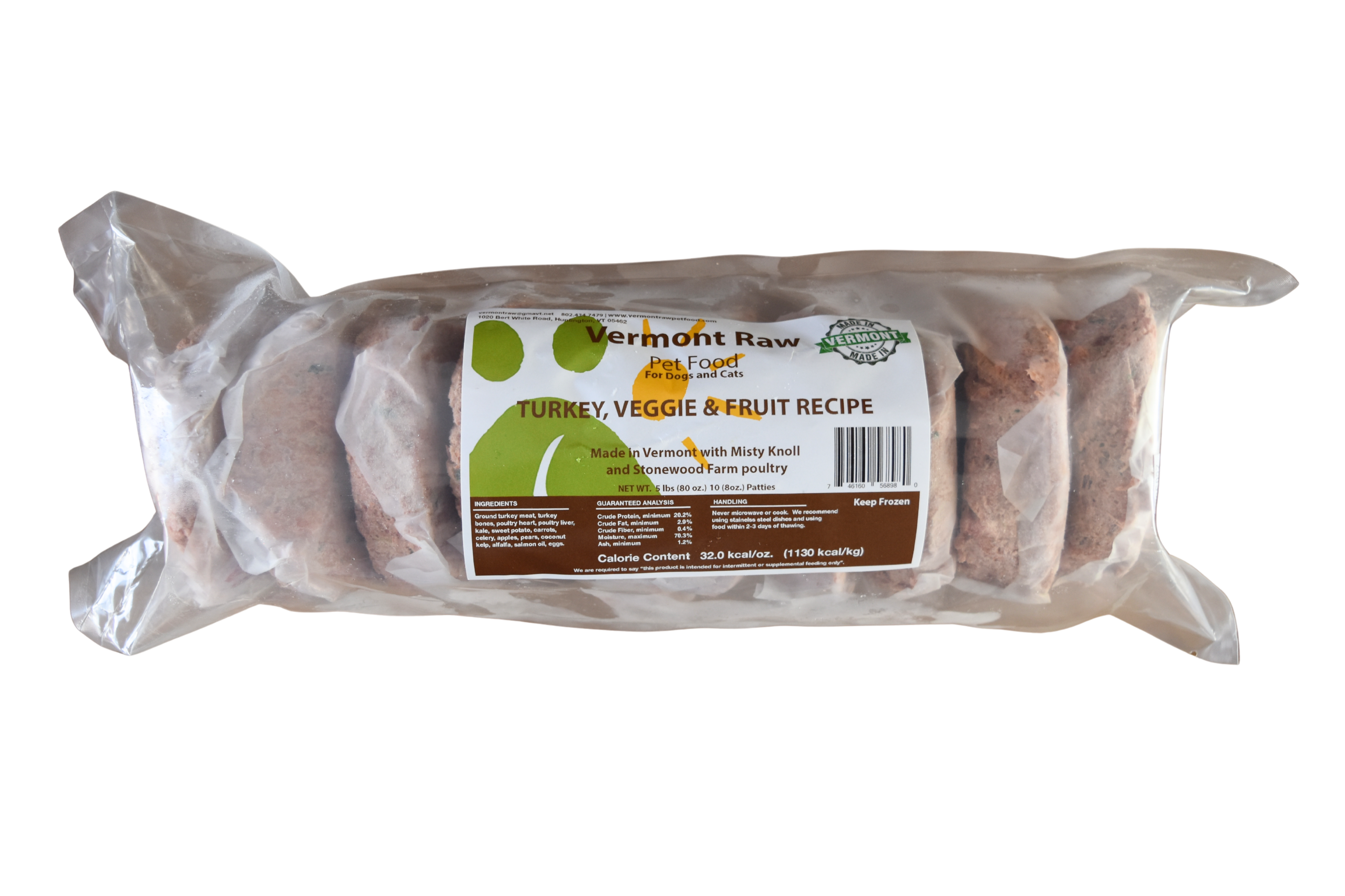 5lb bag of frozen raw turkey, vegetable, and fruit patties for dogs and cats - Vermont Raw Pet Food